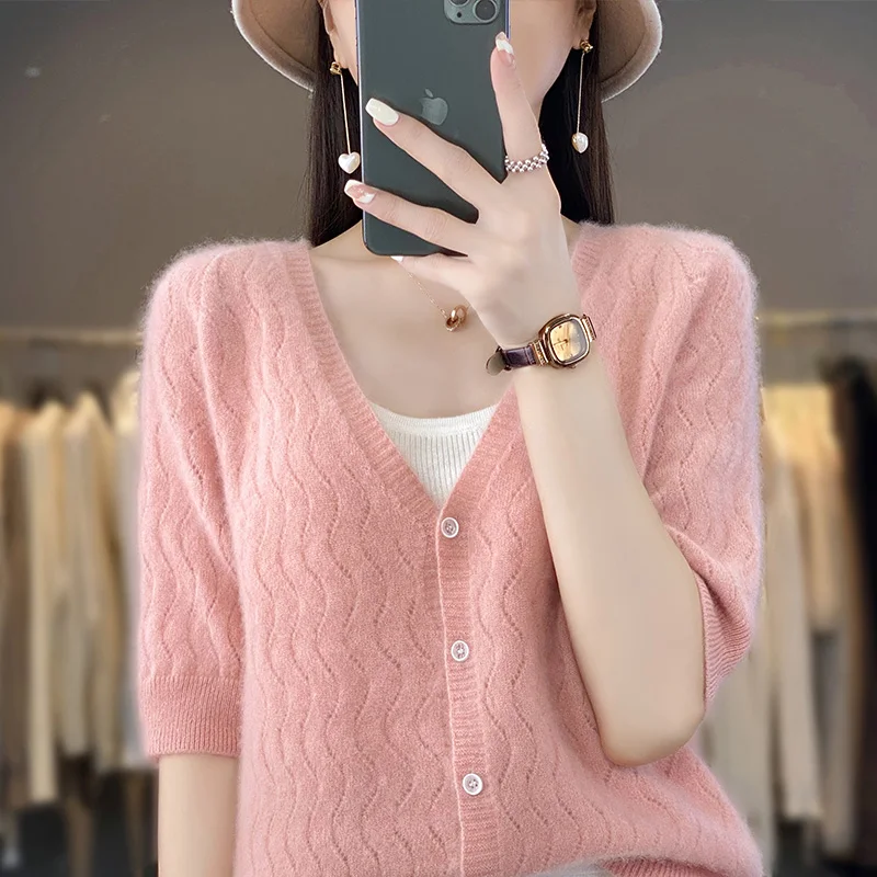 Women\'s T-shirt Summer New Line Hollow V-neck Fashion Knitted Loose Cardigan Top 100% Pure Wool Large Jacket Tank Top Tees