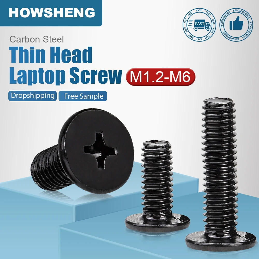 HOWSHENG Cross Ultra Thin Head Screw M1.6 M2 M3 M4 M5 M6 Carbon Steel Phillips Super Low Flat Head CM Screws For Laptop