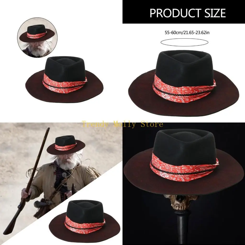

N5KB Flat Brims Hat for Masquerade Party Gentleman Hat Wool Jazzs Hat with Belt Adult Concert Costume Wool Hat Headpieces