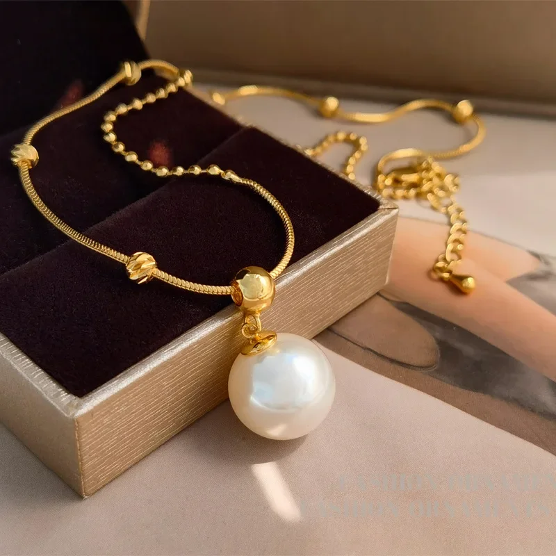 

Luxury Pearl Pendant Necklace for Women 24K Gold-plated Simple Chains Jewelry Temperament Elegant Wedding Accessories