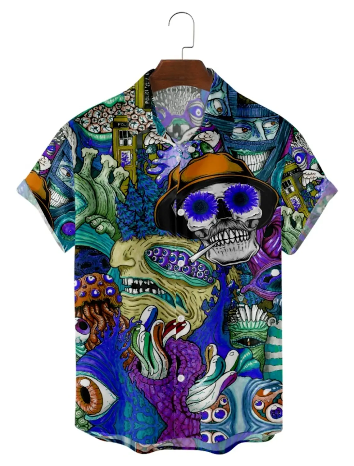 2024 Summer New Men's Personalized Design Skull Flower Print Casual Loose Shirt Beach Style Top Hawaiian Lapel Button Shirt