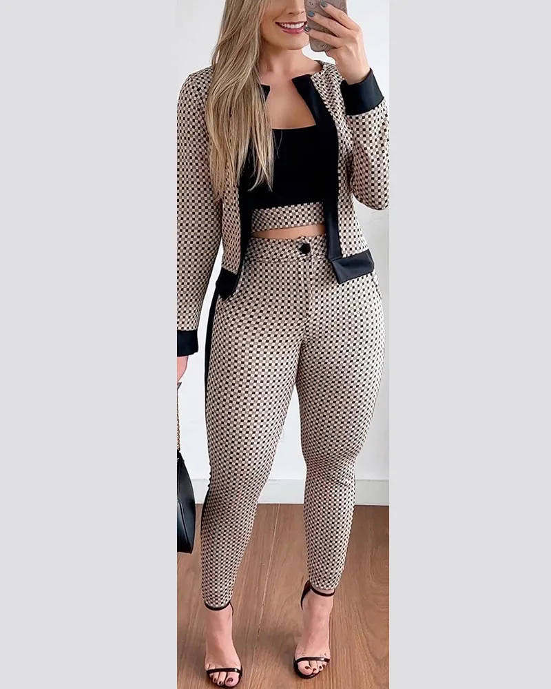 Autumn Winter Elegant Print Three Piece Set Women Fashion Houndstooth Coat With Pencil Pant Outfits Casual 3 Piece Set Black