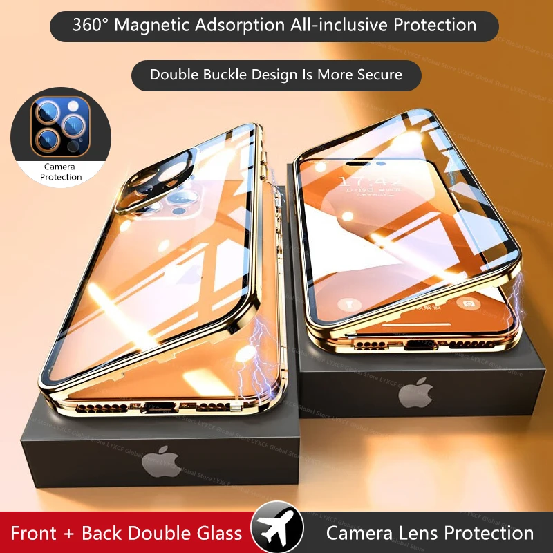 Camera Lens Protective Double Sided Glass Magnetic Clear Case For iPhone 16 15 14 13 12 11 Pro Max Shockproof  Metal Frame Cover