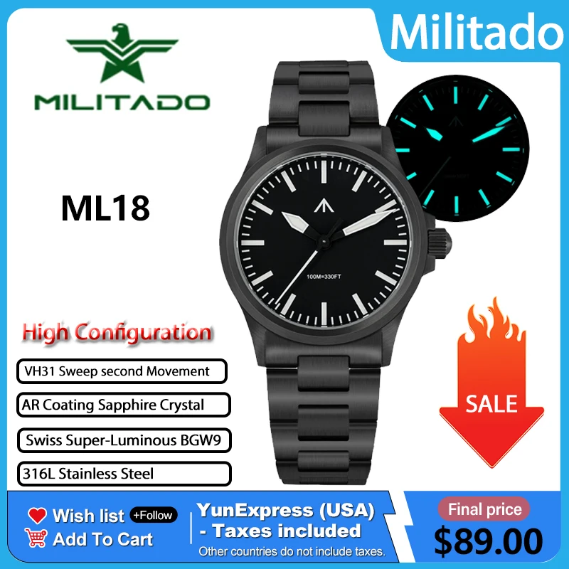 

Мужские наручные часы MILITADO ML18 с кварцевым механизмом, PVD-покрытием, сталью 316L, сапфировым стеклом, механизмом VH31 с бесшумным секундным стрелком, люминесцентным покрытием BGW9, водонепроницаемостью 100 м.
