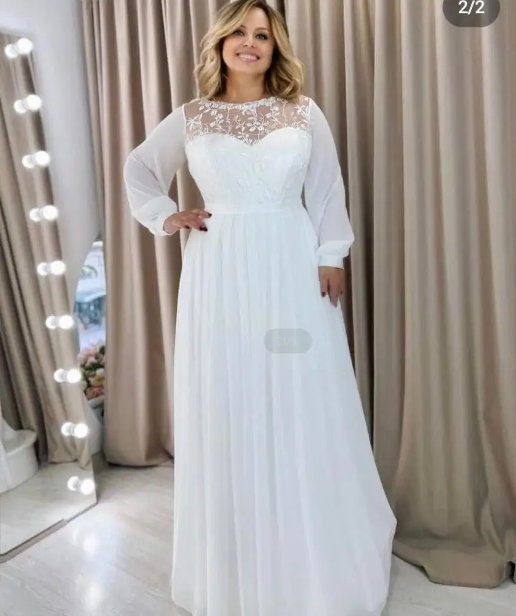 Plus Size Long Sleeve Wedding Dress For Women Bridal Gowns Custom Made Chiffon Lace Appliques Puff Sleeve Simple Civil Robe