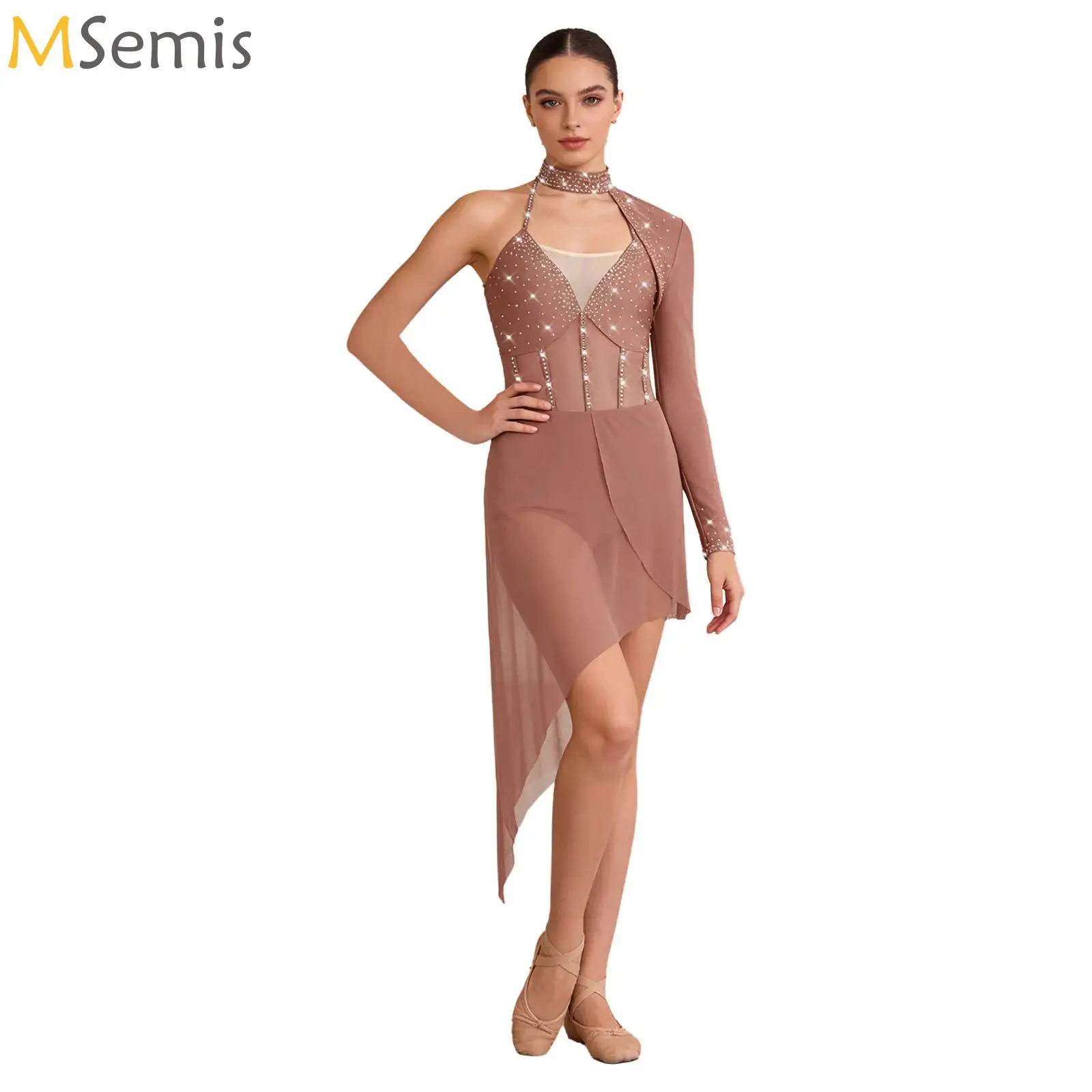 

Womens Lyrical Dance Rhinestones Bodysuit Dress Single Long Sleeve Backless Irregular Mesh Dress for Modern Ballet Performance