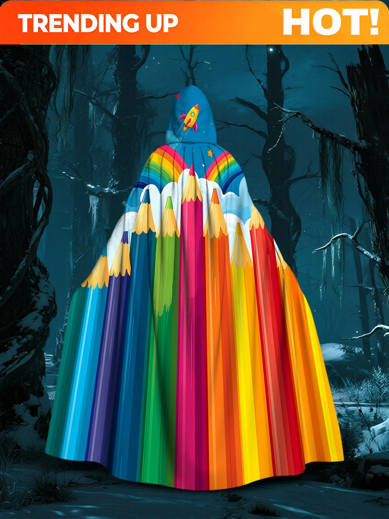 Customization 1pc 2D Flat Printing Unique Style Hooded Cape Colorful Pencils Rainbow Sky 100% Polyester Music Festival Use For I