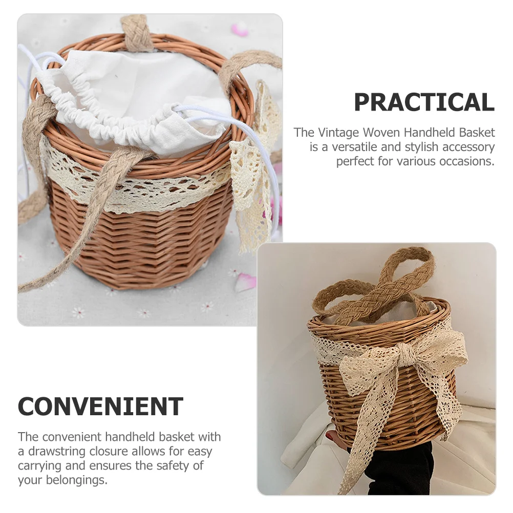 

Vintage Woven Handheld Basket Drawstring Closure Lining Outdoor Picnic Storage Flower Wedding Prop Rattan Basket