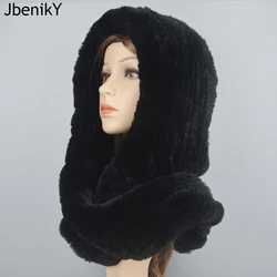 2024 Women Winter Knitted Real Rex Rabbit Fur Hat Scarf Brand Rex Rabbit Fur Cap Scarves Quality Natural Rex Rabbit Fur Poncho