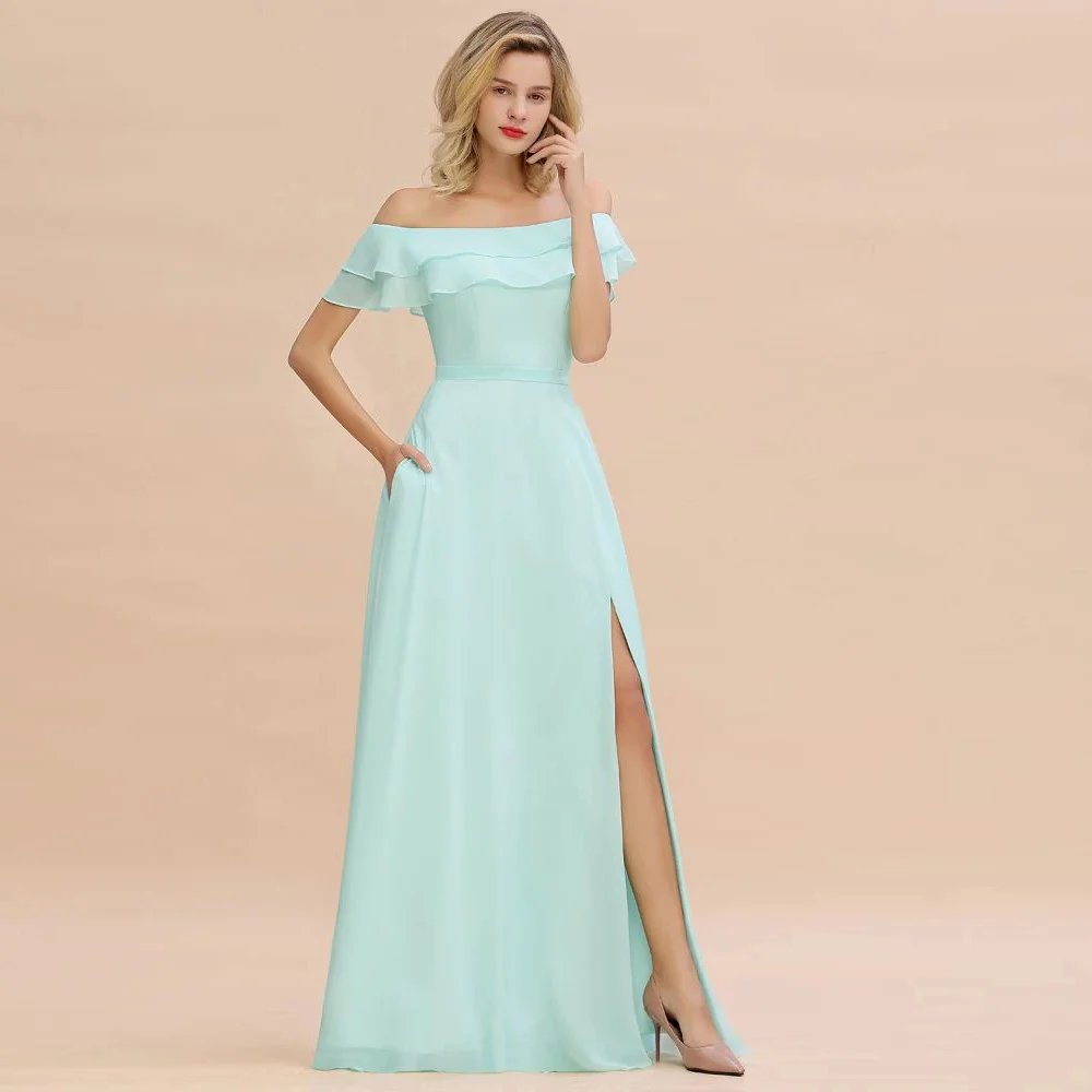 

LISER Off the Shoulder Mini-Green Front Slit Bridesmaid Dress Aline Beach Wedding Dress