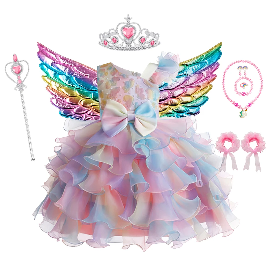 Girls Princess Dress New Bow Girl Baby Puff Dress Birthday Party Gift Sleeveless Wedding Ball Gown Unicorn Perform Costumes