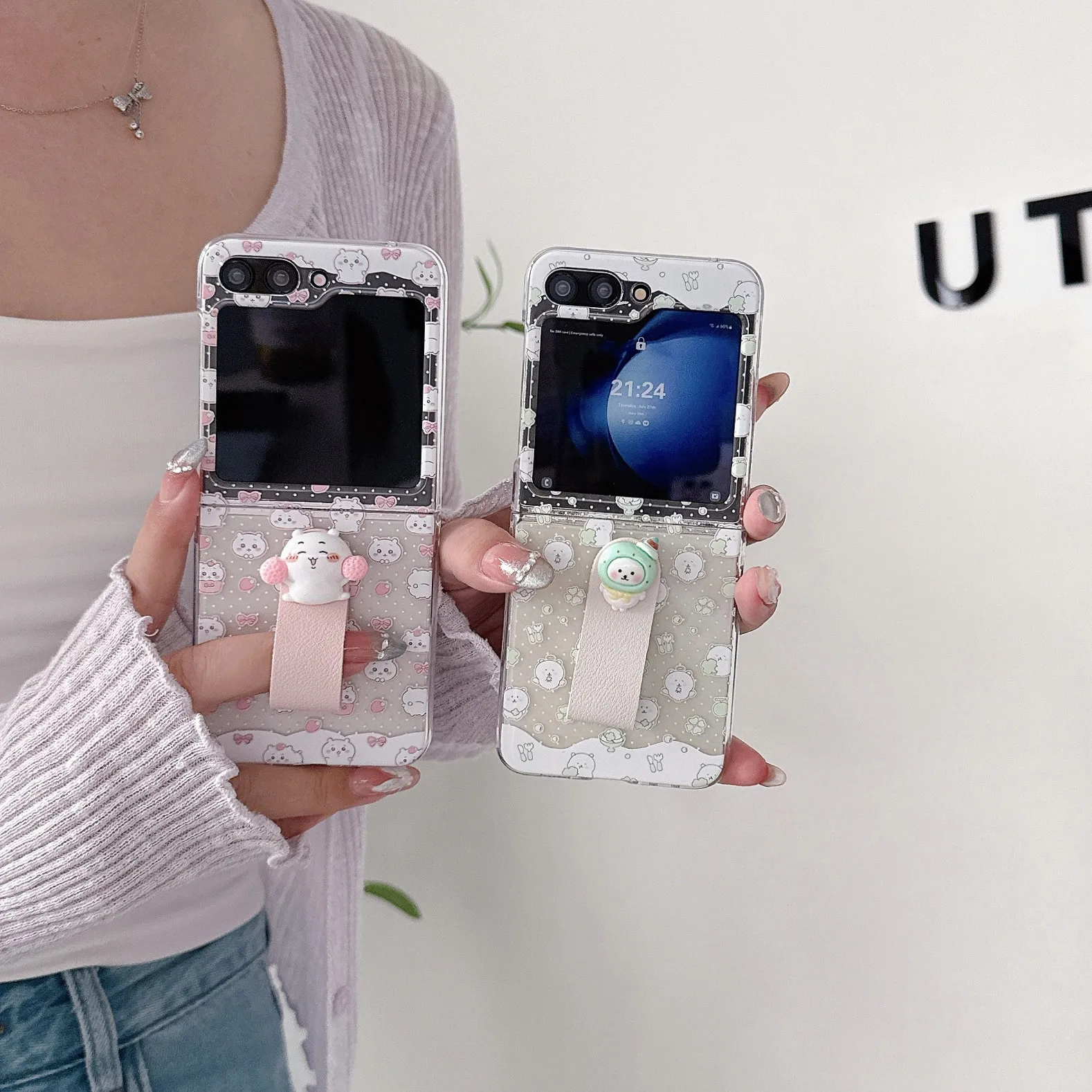 

Чехол для телефона Kawaii с мультяшным медведем для Samsung Galaxy Z Flip 7 6 5 4 3, чехол с кольцевым ремешком, прозрачные милые жесткие чехлы Flip6 Flip7 Funda