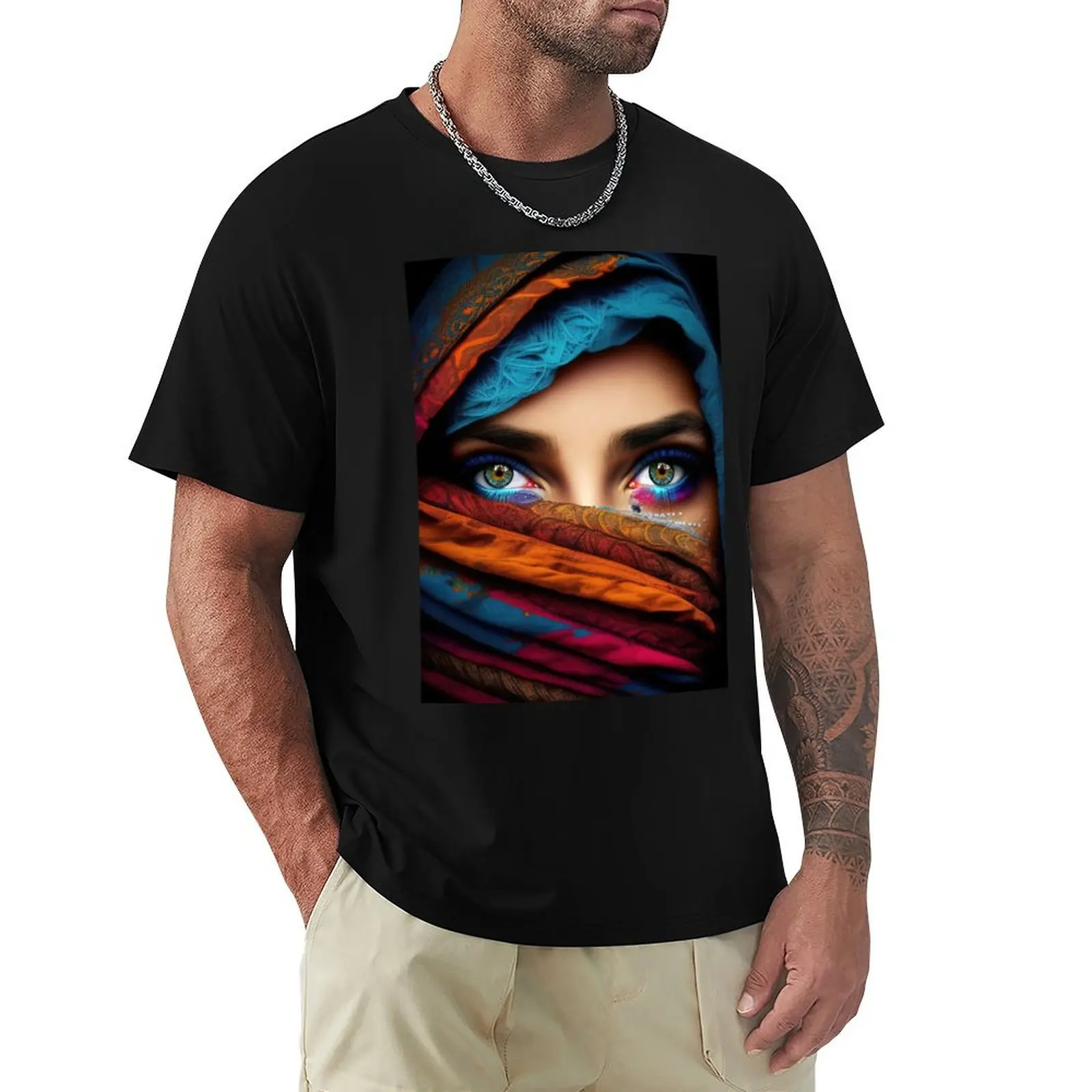 

Arabian woman with beautiful eyes and colorful veil T-Shirt summer tops cotton graphic tees black t-shirts for men