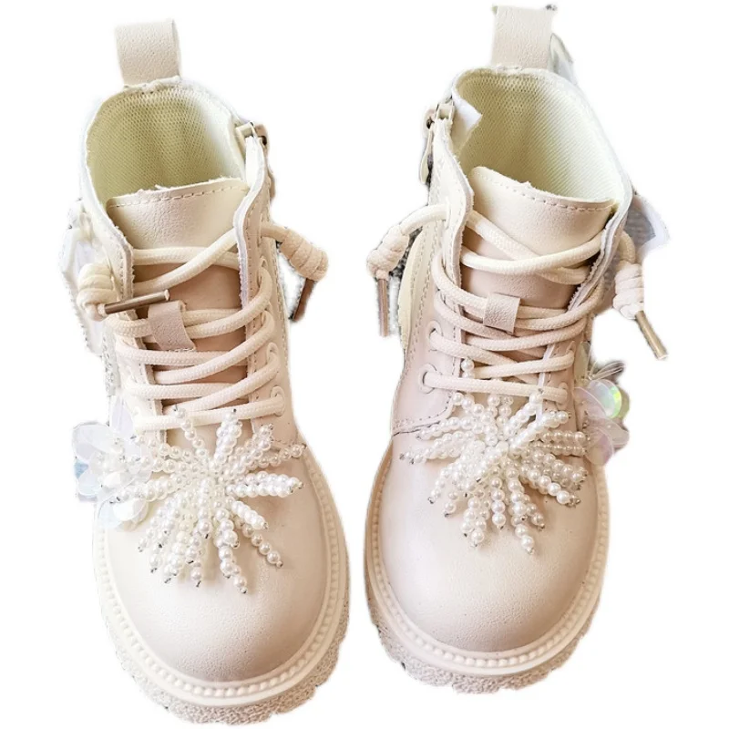 

Luxury Kids Girls Autumn Winter Boots with Rhinestones Pearls Princess Toddler Martin Shoes Non-Slip Fashion Infant Cute Booties