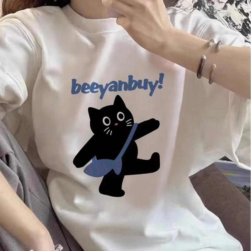 

Модная дизайнерская футболка с мультяшным котом, топ для девочек, уличная спортивная одежда с коротким рукавом, блузка для поездок, белые Молодежные Топы в стиле Харадзюку Y2k