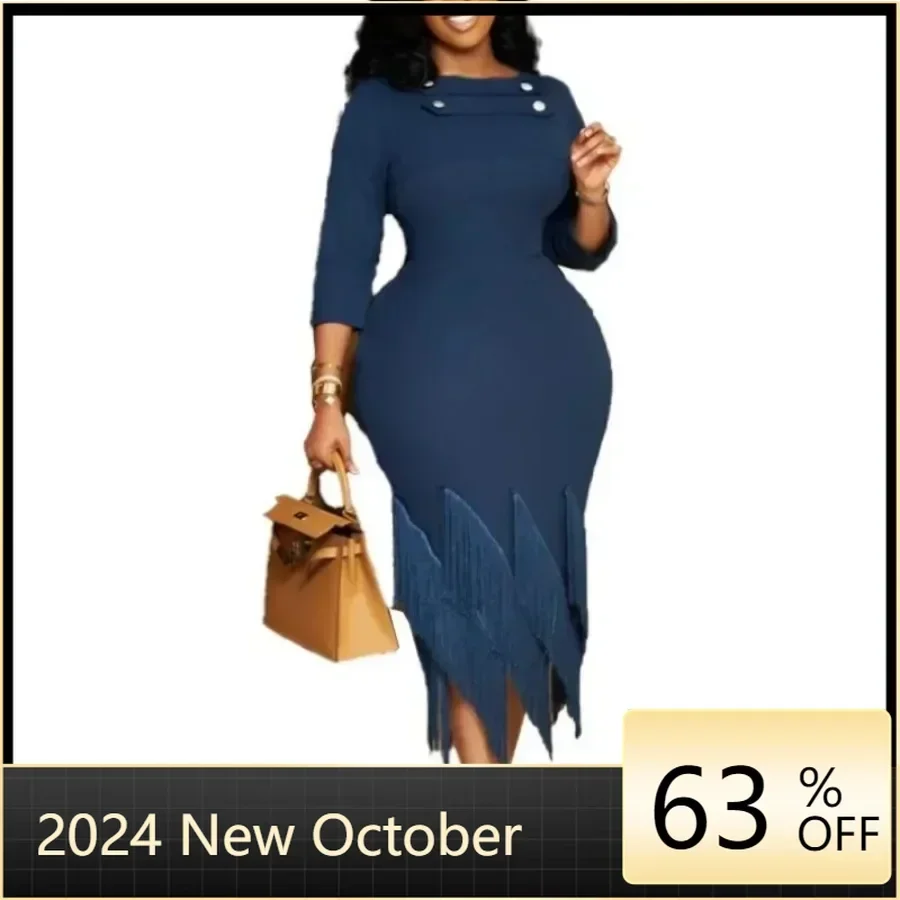 

Customized Customized Autumn African Dresses for Women Elegent African 3/4 Sleeve Polyester Party Evening Tassel Midi Dress Outf
