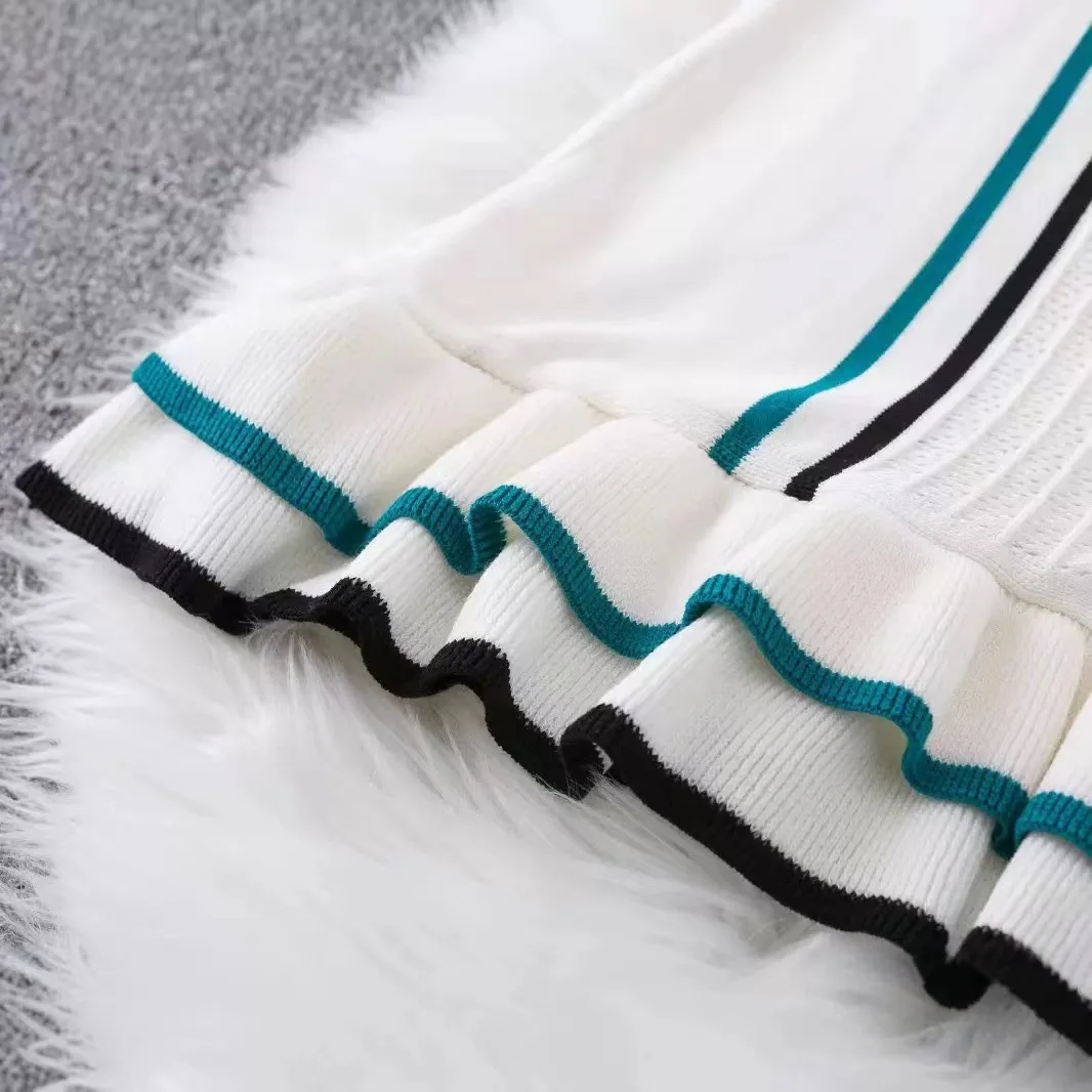 ผู้หญิงสี Patchwork Ruffles Hem ถักชุดมินิฤดูร้อนแขนสั้น Turn-Down COLLAR ชุดยืด Bodycon Vestidos