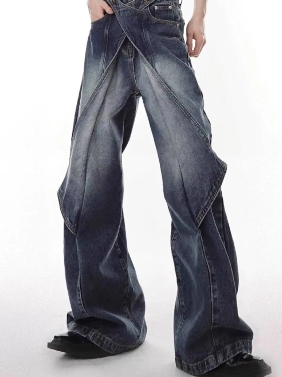 للجنسين الجينز 2025 جديد المرقعة رجل جينز غير رسمي المرأة ريترو مفكك البضائع للتحويل مضيئة الدينيم بنطال ذو قصة أرجل واسعة #3