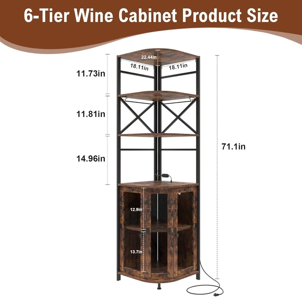 Armoire à vin avec prise de courant, armoire à vin industrielle à 6 niveaux avec éclairage LED et porte-verre, coin vin, personnalisé