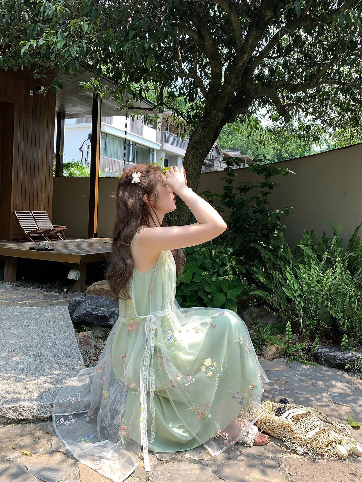 

Elegant Embroidered Garden Mesh Strap Dress Women's plus Size Two-Piece Set Slimming A-Line Skirt Polyester Fiber Summer Dress