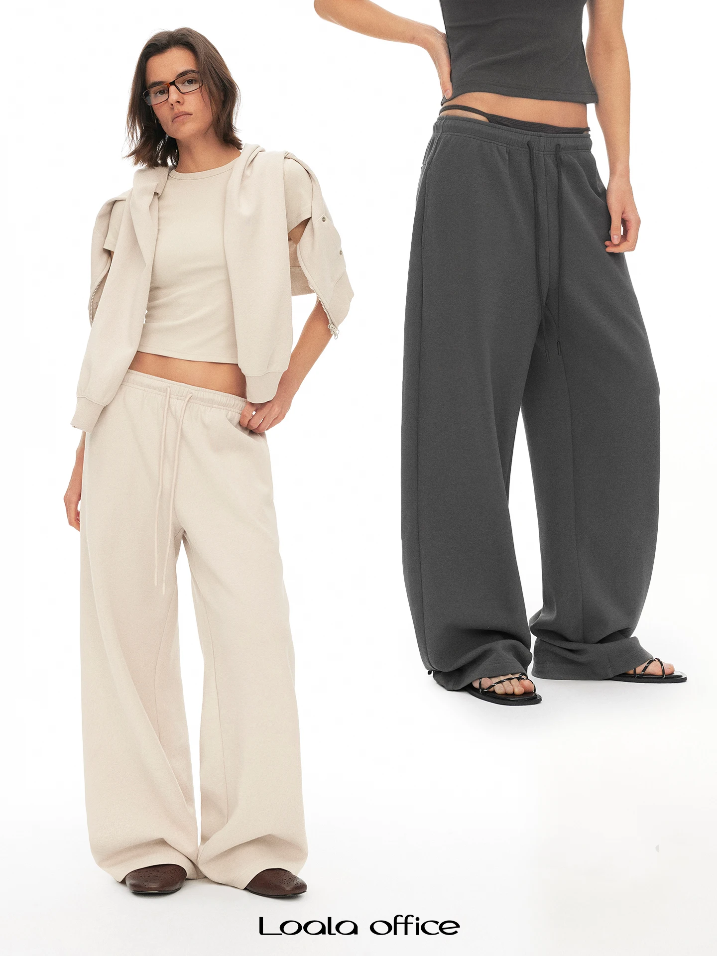 

Loala Office Knitted Sporty Straight Leg Pants Soft Fleece Drawstring Elastic Casual Trousers Low Waist Cotton Blend