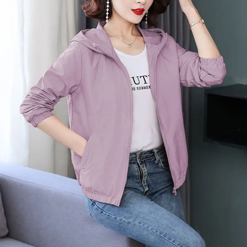 

Spring Autumn Fashion Versatile Short Middle-aged Women's Autumn New Korean Solid Hooded Top Cardigan Casual Jacket