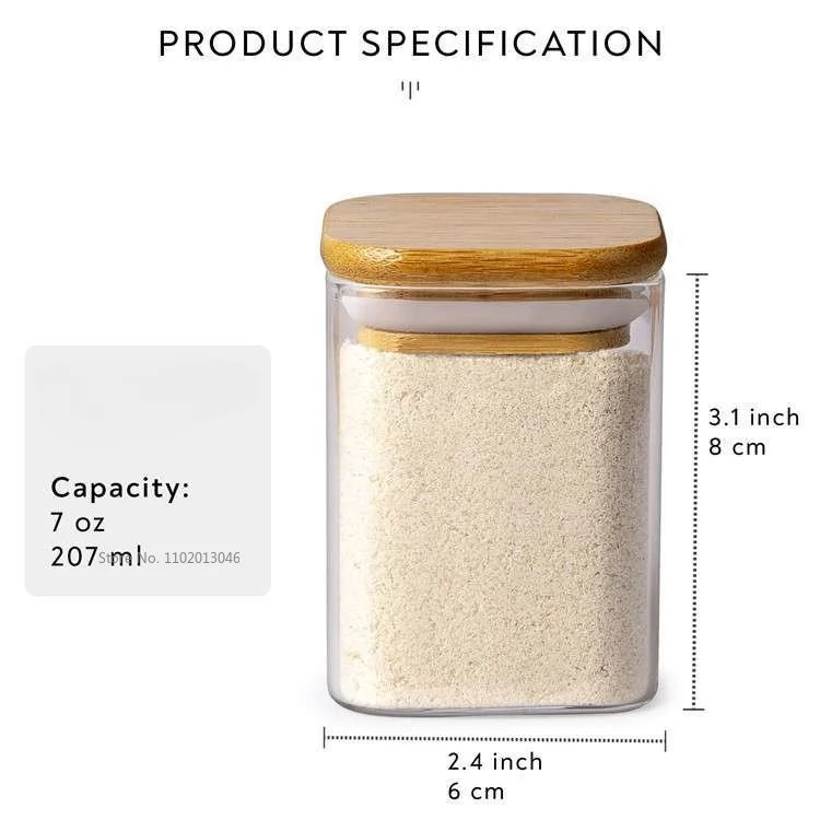 1/2/4/6PC Transparent Square Glass Jar with Bamboo Lid Sealed Canister Food Bottles Container Storage Tea Coffee Beans Wood Lid