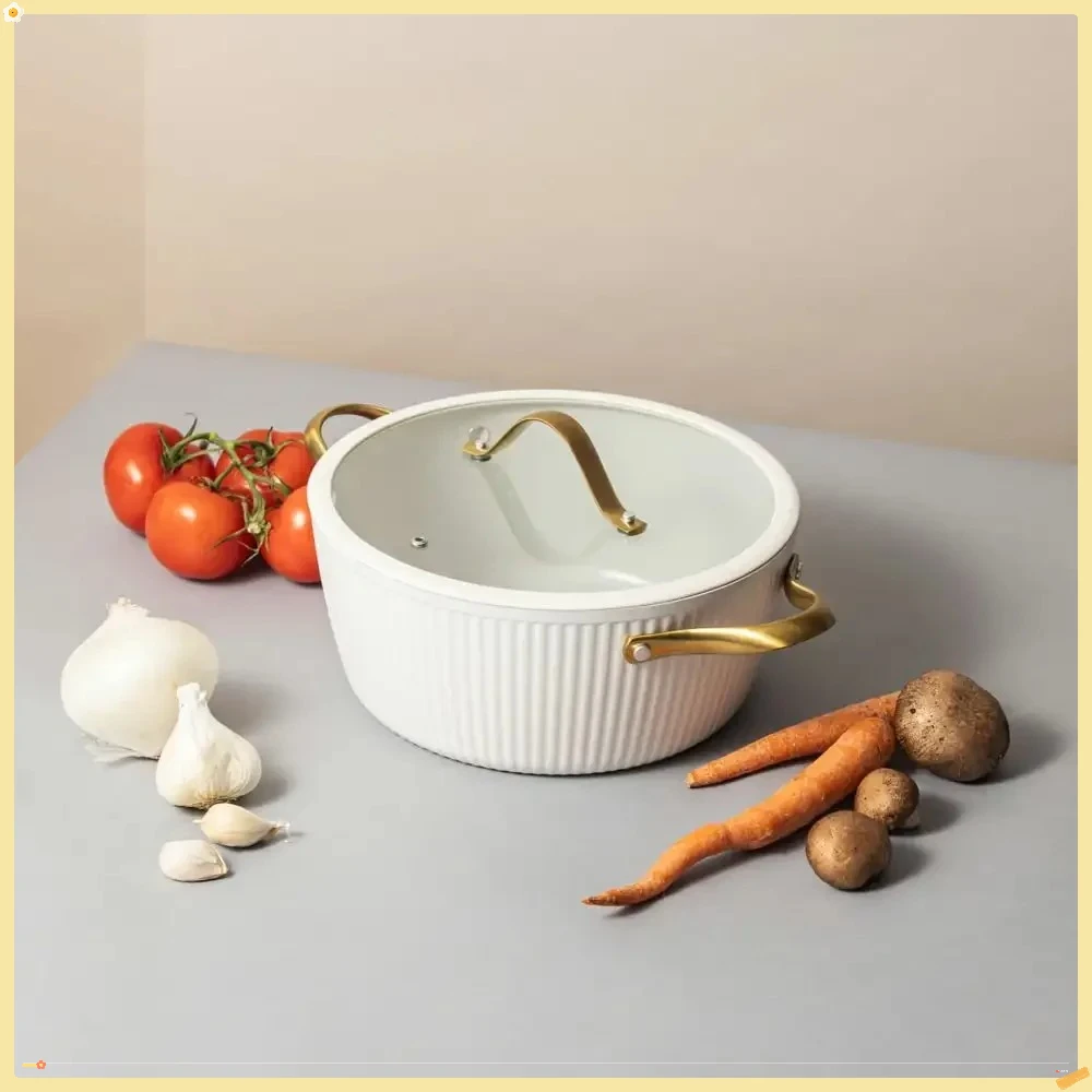 

5,5QT ребристая голландская духовка с антипригарным покрытием, белая и золотая, для духовки и плиты, безопасная для выпечки, плетения, легко чистится