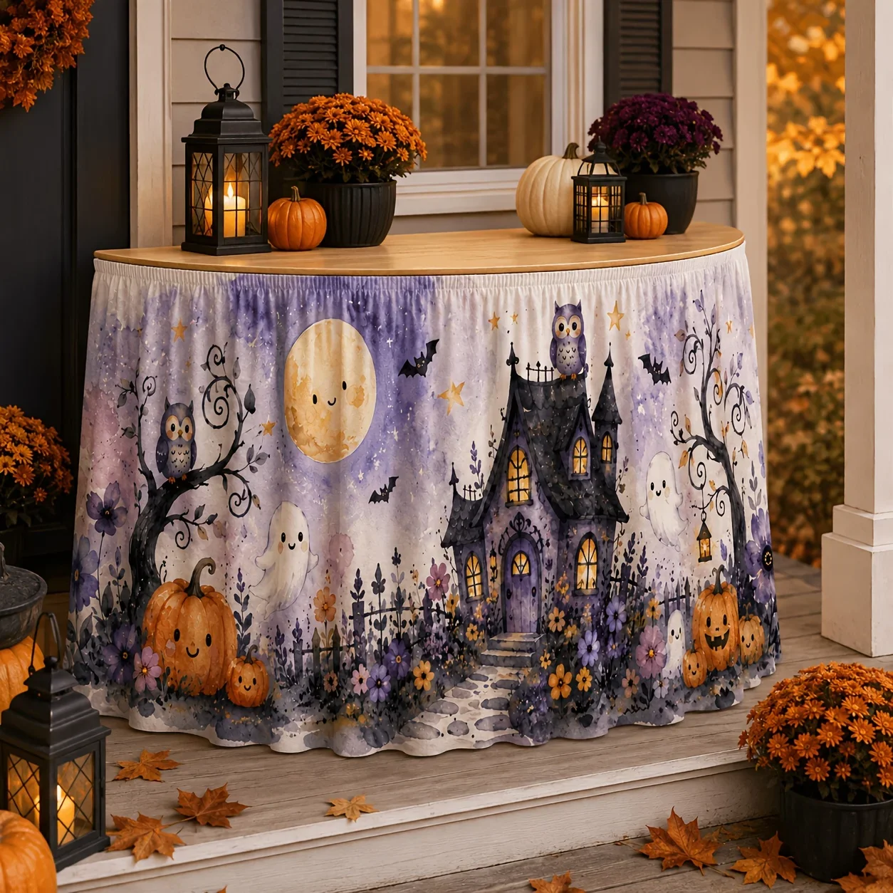 One tablecloth table skirt, watercolor purple ghost house, ghost owl, pumpkin table cover, Halloweenxzj