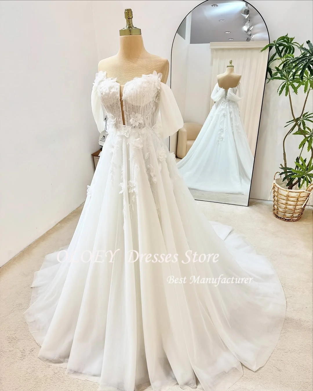OLOEY Abiti da sposa eleganti personalizzati Applique in pizzo Abiti da sposa a-line Sweep Train Abito da sposa abiti da sposa