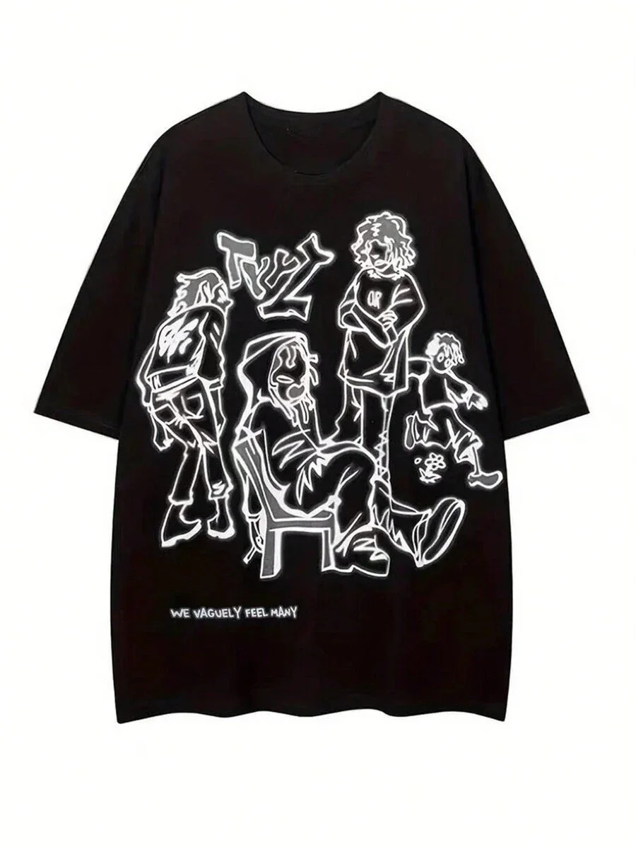 

Футболка больших размеров с графическим рисунком Streetwear, черная с коротким рукавом и принтом «WE VAGUELY FEEL MANY»
