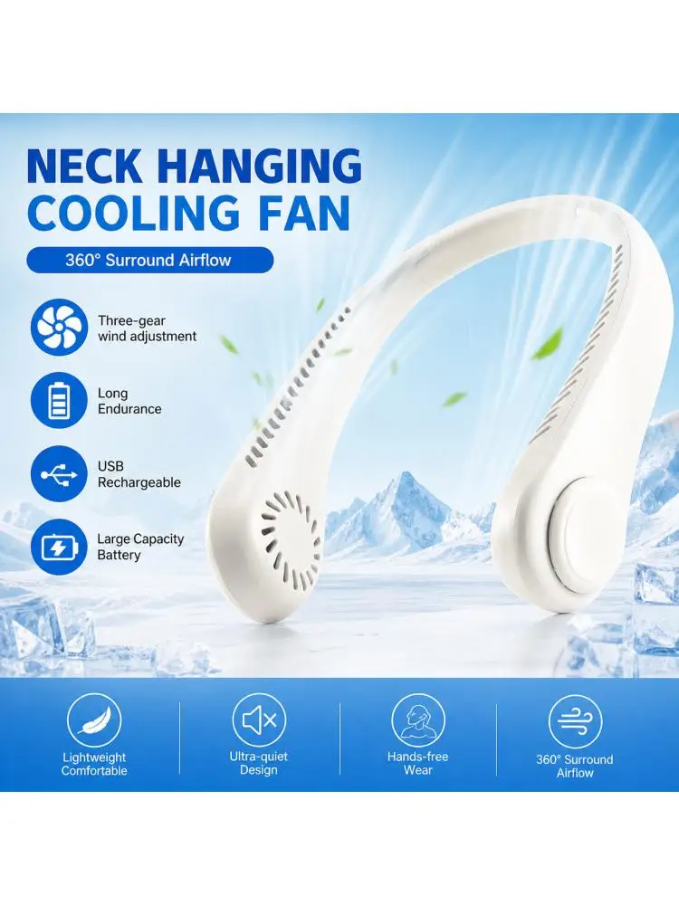 Neu eingetroffener, blattloser Nackenventilator, 3 einstellbare Geschwindigkeiten, USB-aufladbar, Mini-Luftkühler, lange Akkulaufzeit, für draußen, Fitness, etc.
