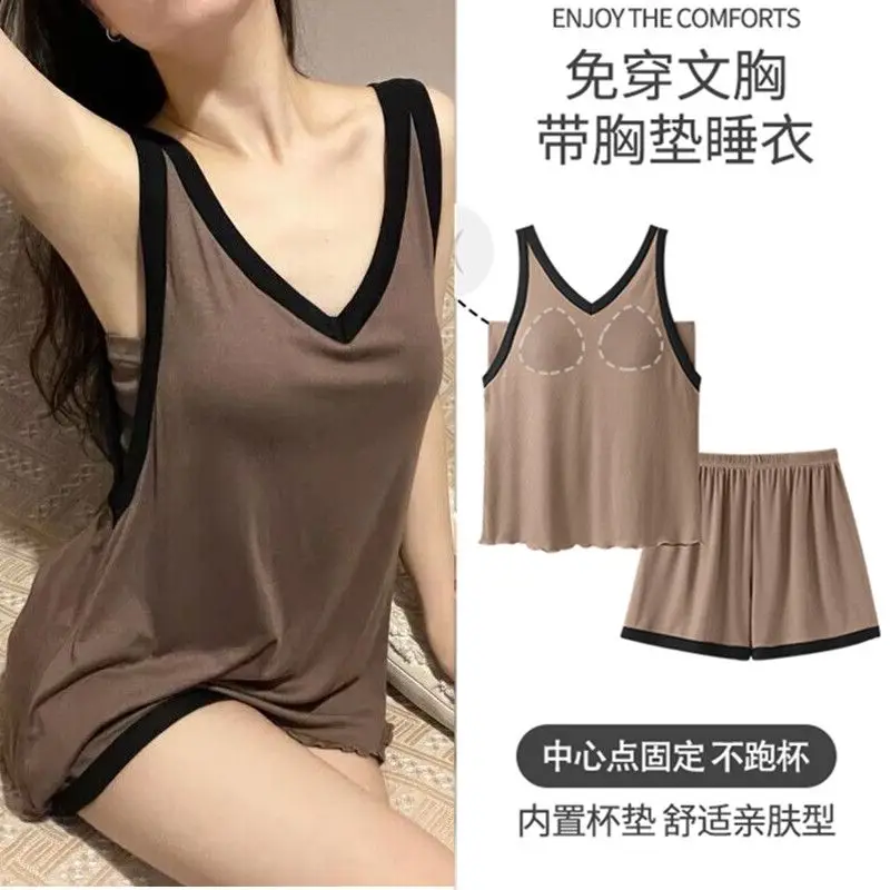 Bra Pad Pajamas Female Summertime Little Sex Appeal Suspenders Shorts Loungewear 100 Kg Set Comfort Extra Large Size Modal