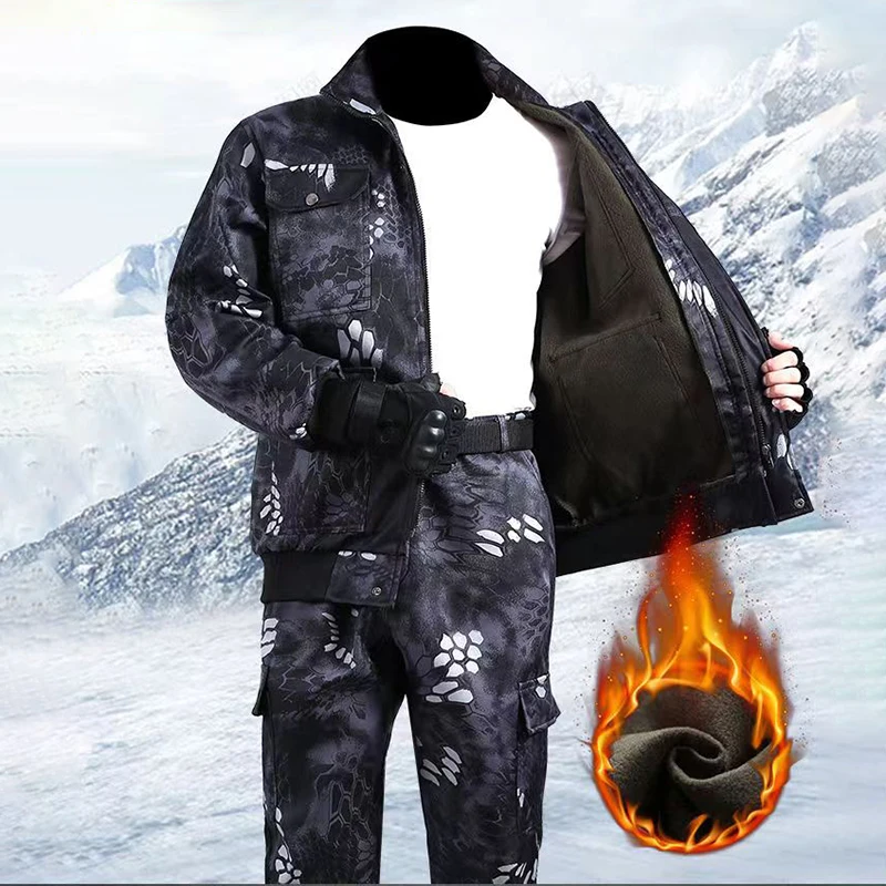 Plush Outdoor Work Clothes Men\'s Clothing Autumn Cold Proof Warm Jacket Coat Pants Two Piece Short Velvet Loose Camouflage Suit