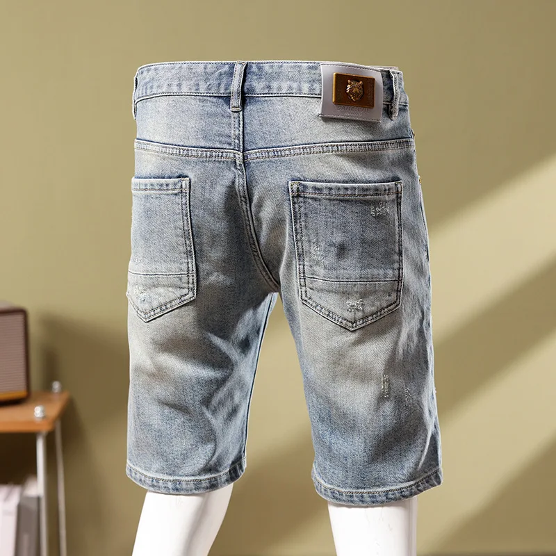 Fashion denim shorts for men2024summer scratch street trend retro slim fit light straight-leg casual cropped pants
