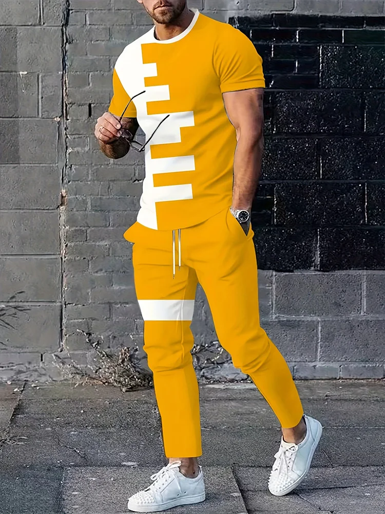 

Simple Striped 3D Printed Men's Casual 2pcs Long Pants Set, Outdoor Street Fashion Trendy Men's Top And Casual Long Pants