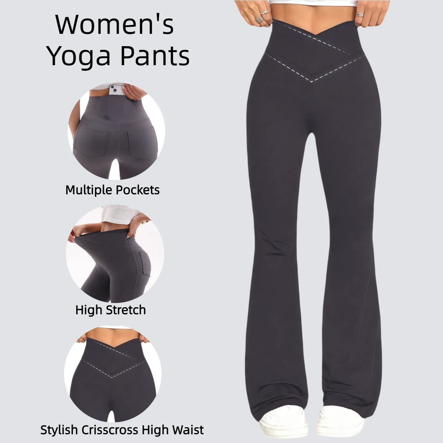 

Crossover V-Waist Flare Leggings Women High Waist Tummy Control Yoga Pants Bootcut Wide Leg Gym Fitness Workout Trousers
