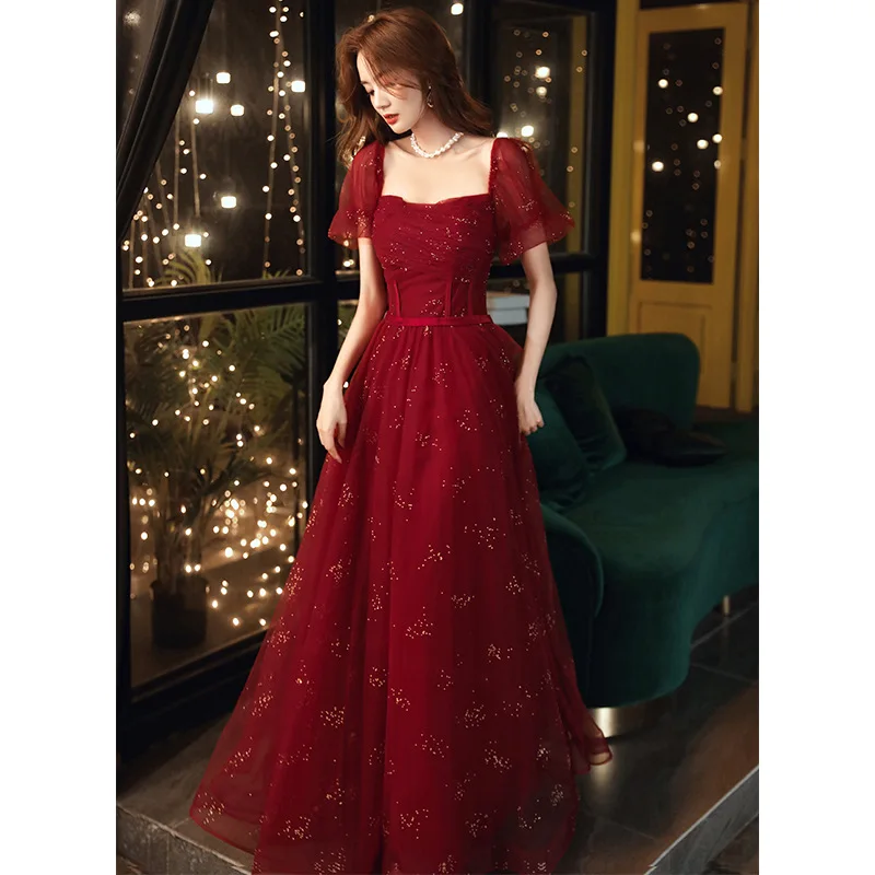 

Wine Red Women Formal Dress Square Collar Mesh Sleeve Elegant Prom Dresses Lace-Up Long Party Gowns Vestidos