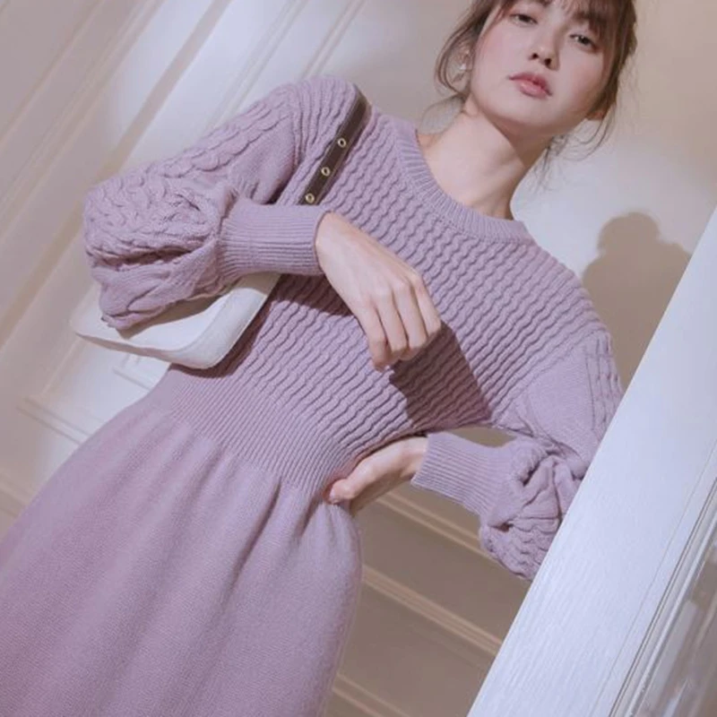 Purple Waist Slim A-line Sweater, Midi Autumn/winter Round Neck, Inner Layer, Balloon Sleeve Knitted Dress Women\'s