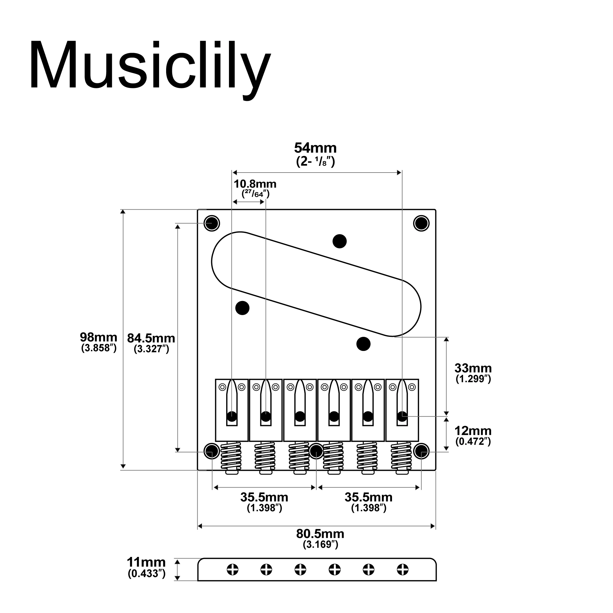 Musiclily Pro 54mm Modern Tele Bridge with Zinc Alloy 6-Saddle for Squier and Import Telecaster Style Electric Guitar, Black