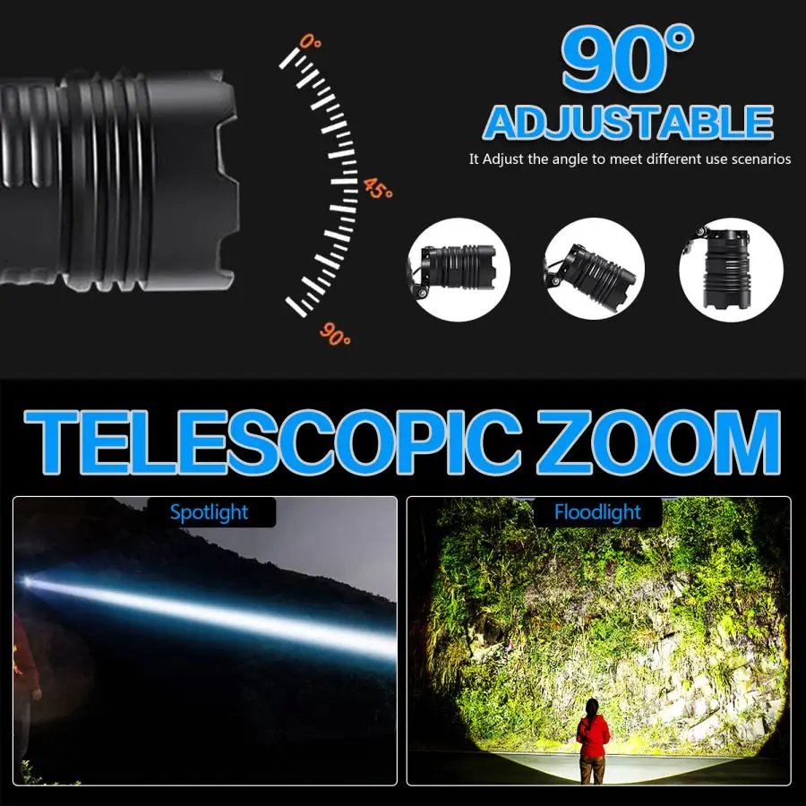 Imagem -05 - Farol Led Poderoso com Zoom Telescópico Liga de Alumínio e Abs Lâmpada Principal Recarregável Usb Lanterna à Prova Dágua 30w