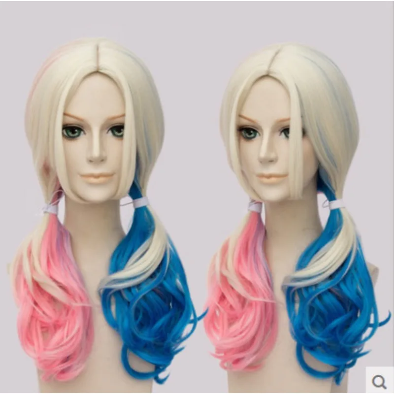 Cosplay Wig Red and Blue Ponytail Curly Synthetic Hair Heat Resistant Role Play Hairs for Halloween Christmas Carnival Party