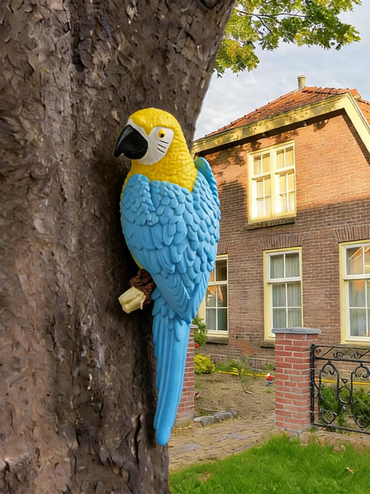 Simulierte blaue Papageien-Baumhängestatue, kreative Vogelskulptur, Outdoor-Garten- und Hofdekoration, tropische Vogel-Geschenkfigur – Detail 1