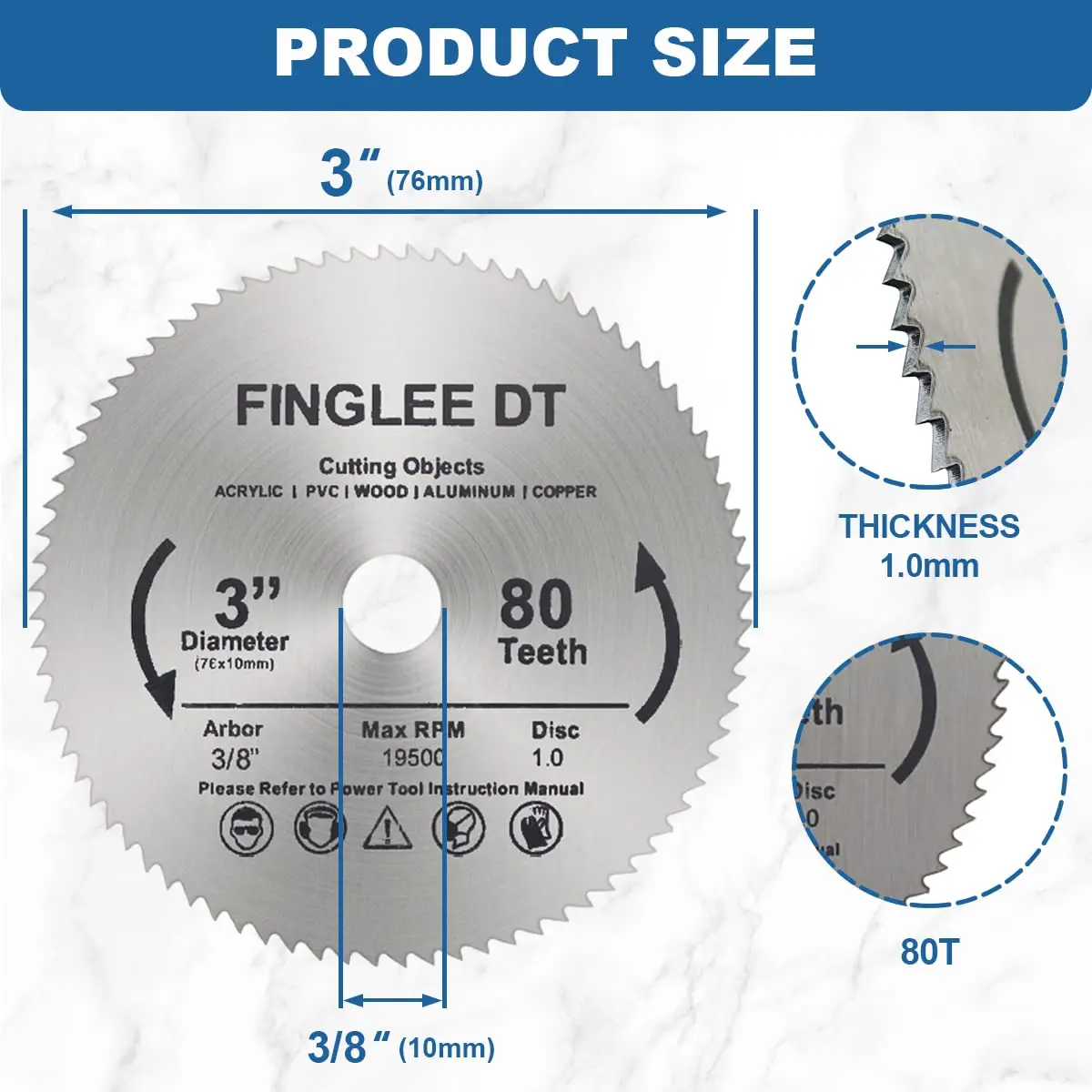 FINGLEE DT 3inch 76mm HSS Circular Saw Blade, 80Teeth High Speed Steel Cutting Disc with 10mm Arbor, for Rotary Tools Wood