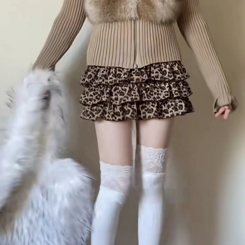 Women A-line Short Skirt Y2k Puffy Dress Leopard Print Woman Clothing Punk Sweet Vintage Streetwear Kawaii Sexy Design Casual
