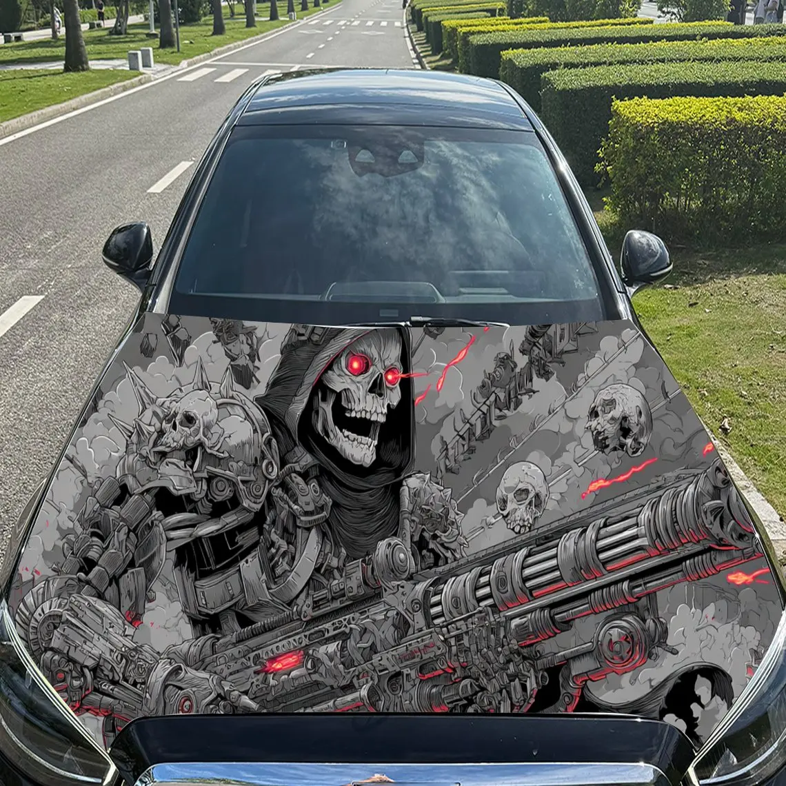 جمجمة ميكانيكية ساحرة في الخيال العلمي - مشهد فني من مادة PVC لغطاء محرك السيارة من الفينيل، عصا لاصقة ذاتية اللصق مقاومة للماء لغطاء السيارة