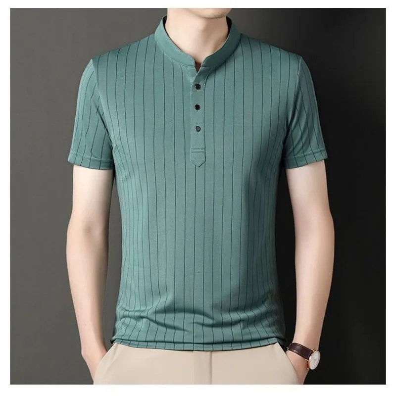 Herren Baumwoll-Poloshirt mit Streifenmuster und Stehkragen, Sommerliches Freizeit-Kurzarm-T-Shirt, Modisches Oberteil