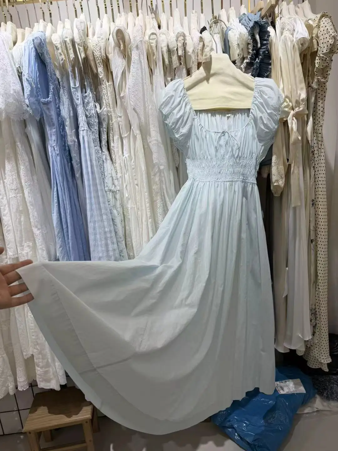 2026 Summer Women Blue Midi Dress Drawstring U-Neck Elastic Waist Short Sleeve Casual Female Cotton Robe