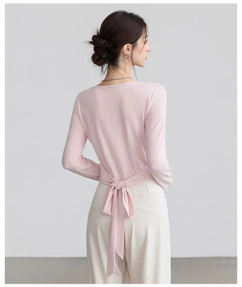 Women Sexy Wrap Crop Tops Tees Long Sleeve Deep V Neck Tie Workout Ballet Pilates Yoga T-Shirts with Thumb Holes Cropped Tops