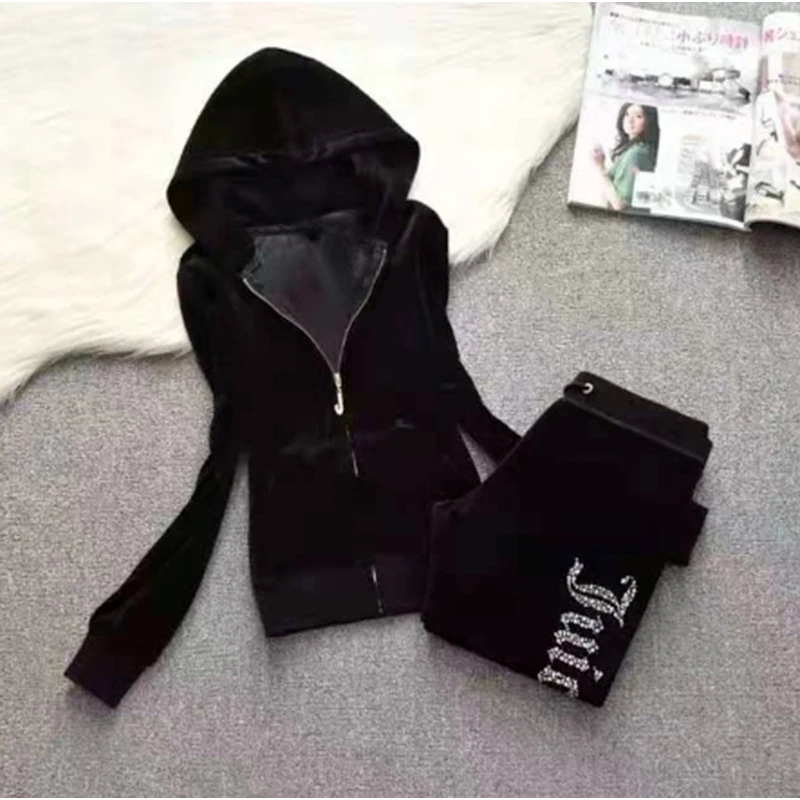 Y2k 2024 Set pakaian olahraga wanita, setelan 2 potong Hoodie beludru Juicy untuk wanita dan celana kaki lebar